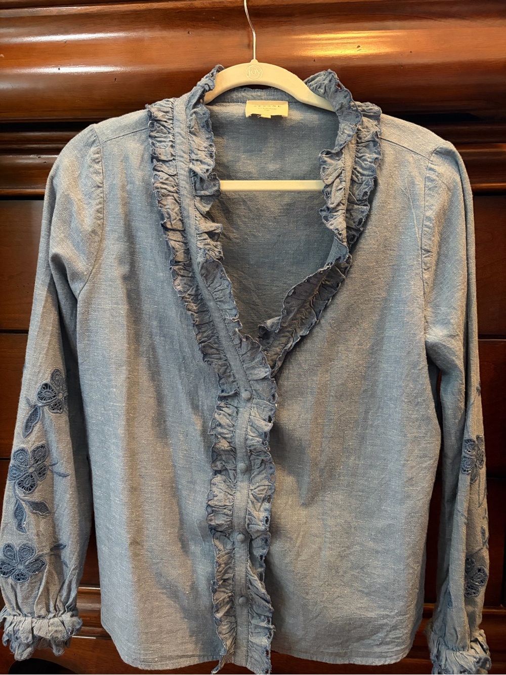 Sezane Light Blue Ruffle-Trim Embroidered Sleeve Blouse